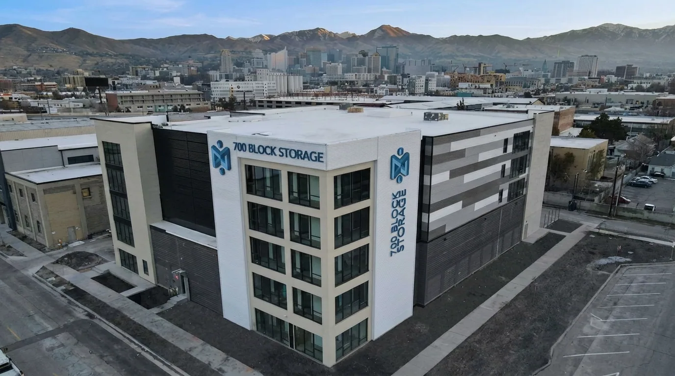 700 Block Storage multi-story self-storage facility design-build by Wasatch Structures with Salt Lake City skyline