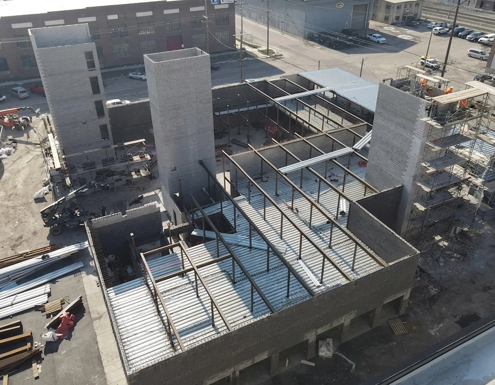 700 Block Storage overhead construction view of steel framing and decks