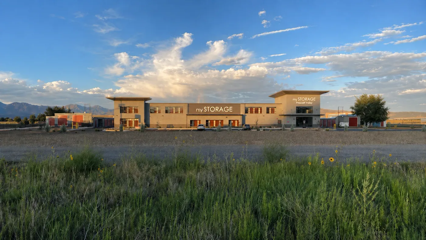 My Storage Prescott Valley aerial view of branded facility with Bradshaw Mountain backdrop