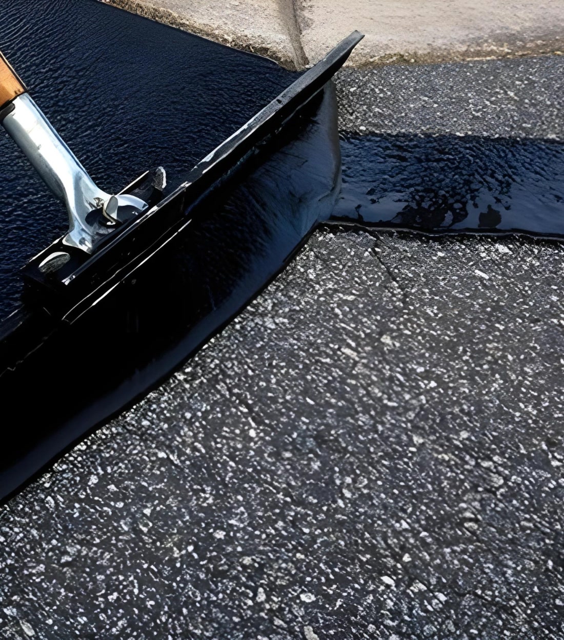 Seal coating squeegee applying fresh asphalt sealant on a commercial parking lot in Bluffdale, Utah